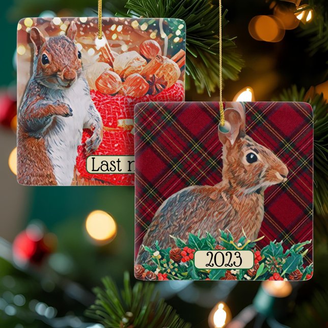 Rabbit and Squirrel Double-Sided Customisable Ceramic Ornament (This cute squirrel and rabbit custom ceramic ornament allows you to personalize both sides!)