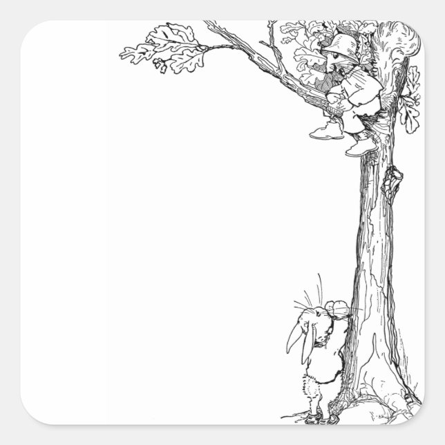 Rabbit and Squirrel Harvesting Acorns Square Sticker (Front)