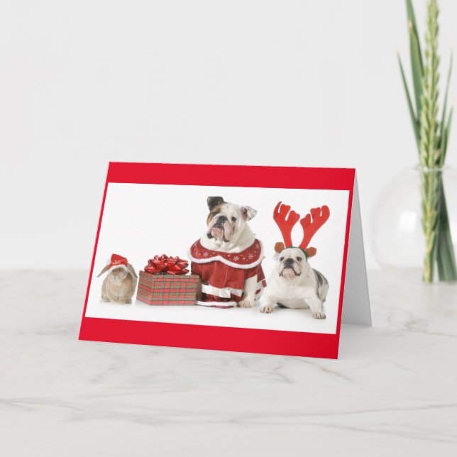 RABBIT AND TWO BULLDOGS CHRISTMAS Greeting Card (Front)