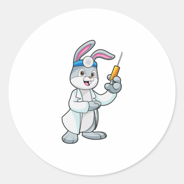 Rabbit as Doctor at Vaccination with Syringe Classic Round Sticker (Front)