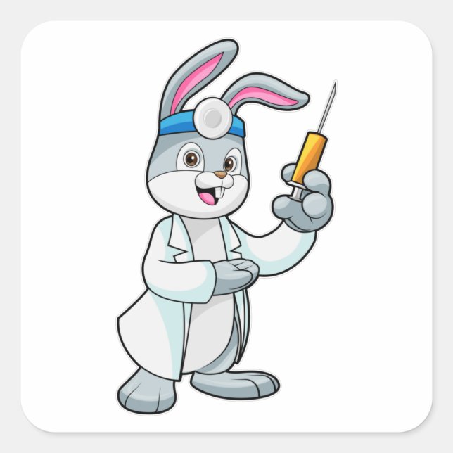 Rabbit as Doctor at Vaccination with Syringe Square Sticker (Front)