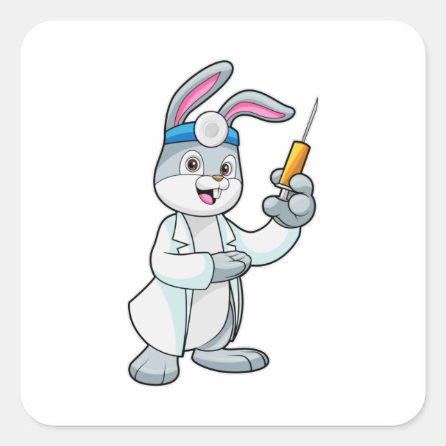 Rabbit as Doctor at Vaccination with Syringe Square Sticker (Front)
