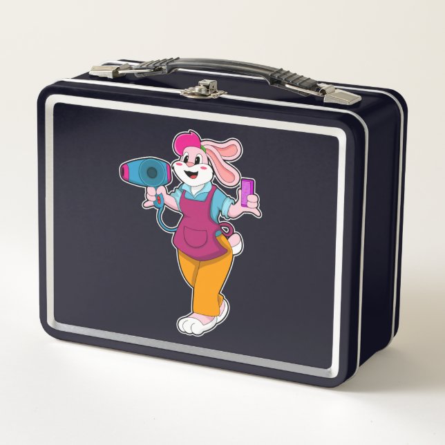 Rabbit as Hairdresser with Hair dryer & Comb Metal Lunch Box (Front)