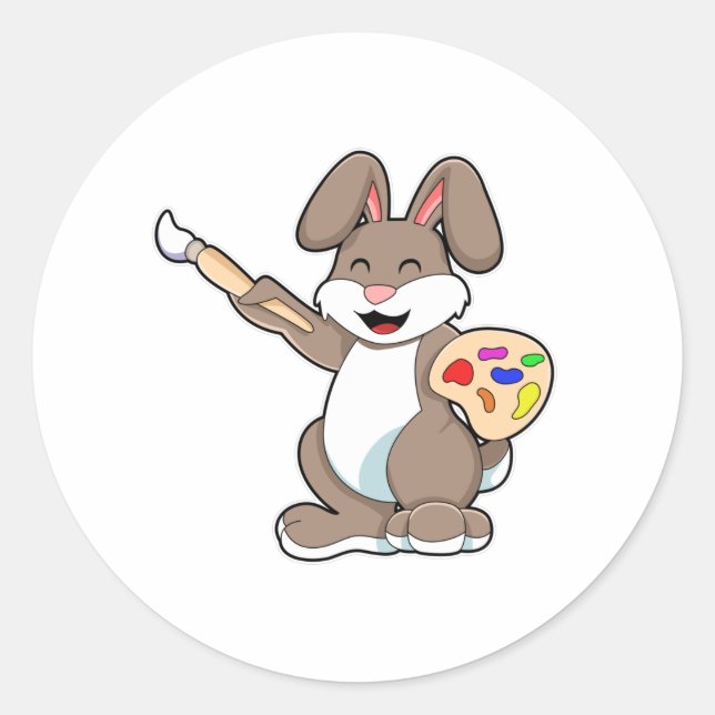 Rabbit as Painter with Brush & Paint Classic Round Sticker (Front)
