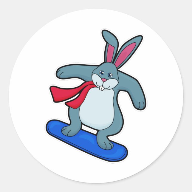 Rabbit as Snowboarder with Snowboard & Scarf Classic Round Sticker (Front)