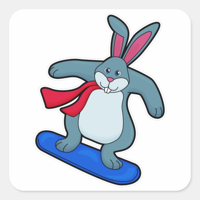 Rabbit as Snowboarder with Snowboard & Scarf Square Sticker (Front)