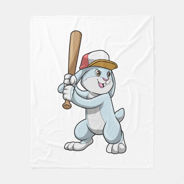 Rabbit at Baseball with Baseball bat Fleece Blanket (Front)