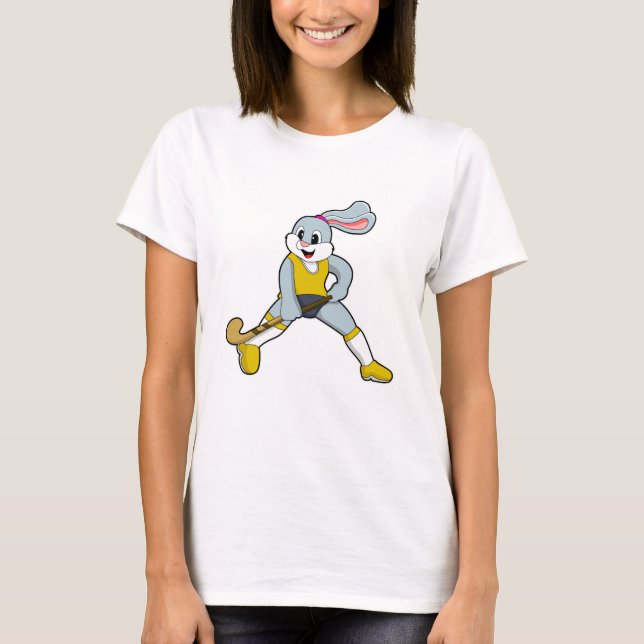 Rabbit at Hockey with Hockey bat T-Shirt (Front)