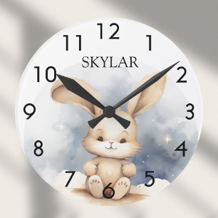 Rabbit baby beige blue sky nursery round clock