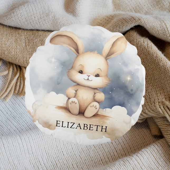 Rabbit baby blue sky beige boho nursery round cushion (Creator Uploaded)