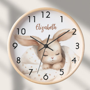 Rabbit baby girl beige white nursery clock