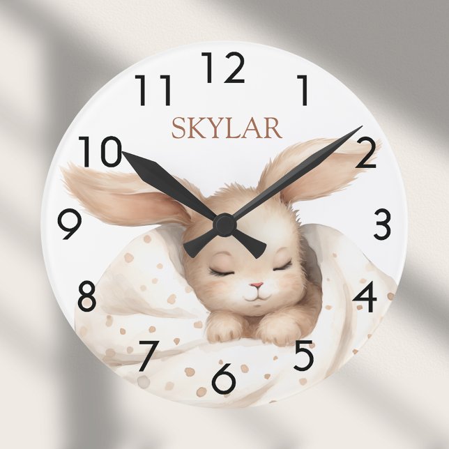 Rabbit baby girl beige white nursery round clock (Creator Uploaded)