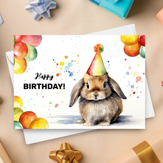 Rabbit Balloons and Party Hat Lop Bunny Birthday  Card (Creator Uploaded)