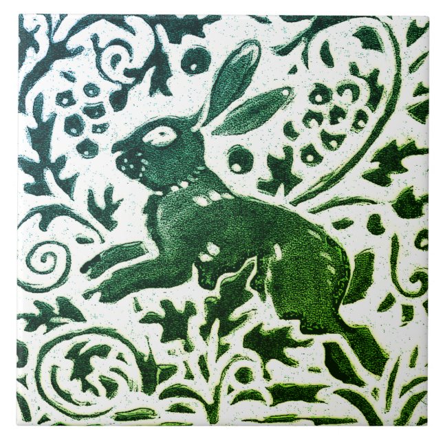 Rabbit Batik Modern Green Blue Floral Woodland Tile (Front)