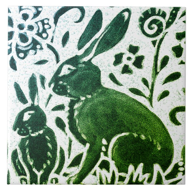 Rabbit Batik Modern Green Blue Floral Woodland Tile (Front)