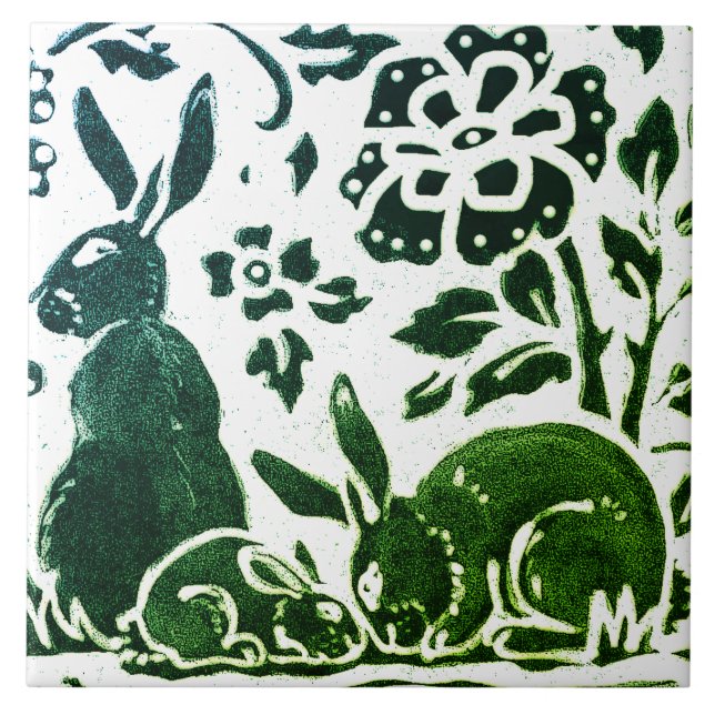 Rabbit Batik Modern Green Blue Floral Woodland Tile (Front)