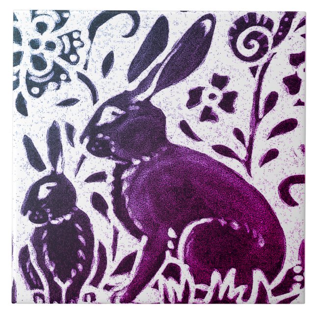 Rabbit Batik Modern Purple Blue Floral Woodland Tile (Front)