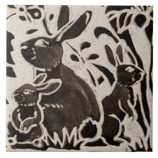 Rabbit Batik Stoneware Woodland Animal Tan Brown Tile (Front)