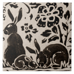 Rabbit Batik Stoneware Woodland Animal Tan Brown Tile