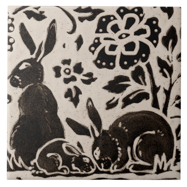 Rabbit Batik Stoneware Woodland Animal Tan Brown Tile (Front)