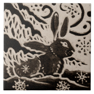 Rabbit Batik Stoneware Woodland Animal Tan Brown Tile