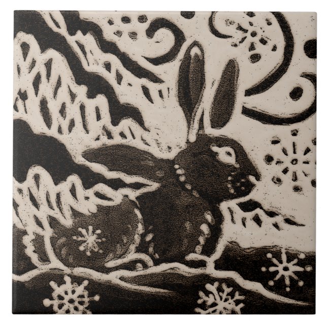 Rabbit Batik Stoneware Woodland Animal Tan Brown Tile (Front)