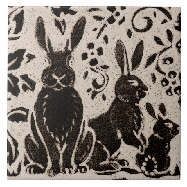 Rabbit Batik Stoneware Woodland Animal Tan Brown Tile (Front)