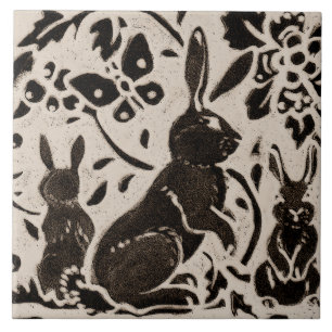 Rabbit Batik Stoneware Woodland Animal Tan Grey Tile