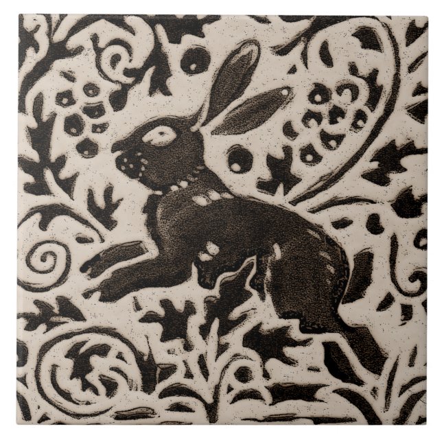 Rabbit Batik Stoneware Woodland Animal Tan Grey Tile (Front)