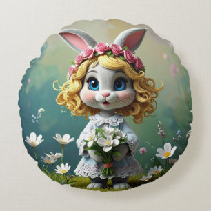 Rabbit big blue eyes holding a white bouquet round cushion