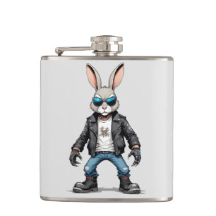 Rabbit Biker Rebel in Leather Jacket Cool Style Hip Flask