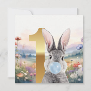 Rabbit blowing blue bubble gum First birthday Card