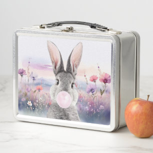 Rabbit blowing bubble gum in field of wildflowers metal lunch box