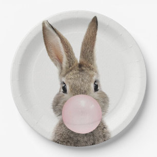 Rabbit Blowing Pink Bubble gum Paper Plate