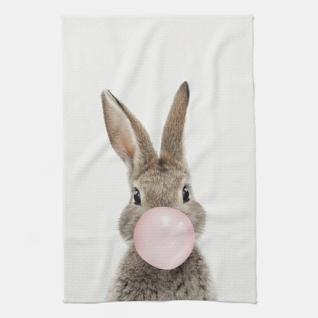 Rabbit Blowing Pink Bubble gum Tea Towel (Vertical)
