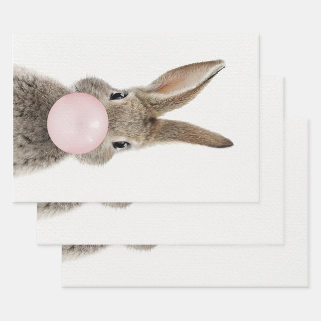 Rabbit Blowing Pink Bubble gum   Wrapping Paper Sheet (Set)