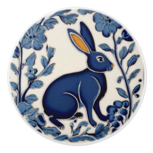 Rabbit Blue and White Folk Art Ceramic Knob