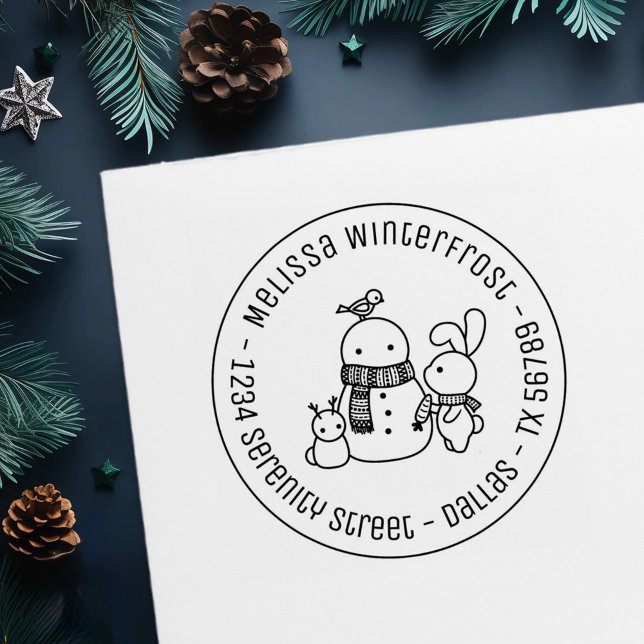 Rabbit Building Snowman Round Address Self-inking Stamp (Creator Uploaded)