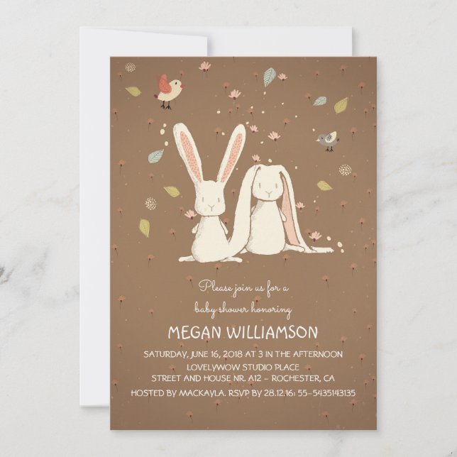 rabbit bunnies couple woodland baby shower invitation (Front)