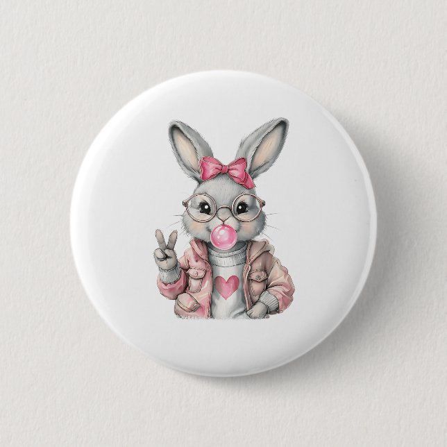 Rabbit Bunny Blowing Bubble Gum Easter Day Cute Gi 6 Cm Round Badge (Front)