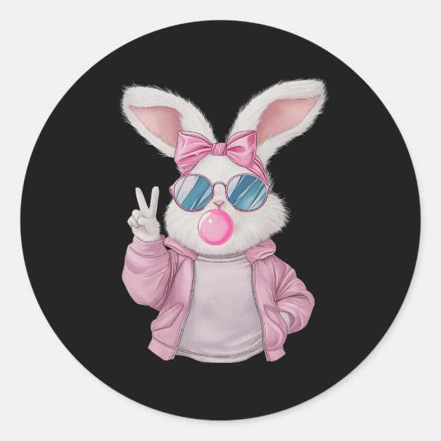 Rabbit Bunny Blowing Bubble Gum Easter Day Cute Gi Classic Round Sticker (Front)