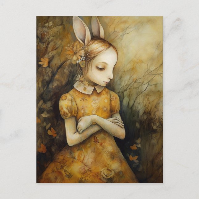 Rabbit Bunny Child in a Yellow Floral Dress  Postcard (Front)
