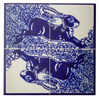 Rabbit Bunny Floral Navy Blue Drawing Elegant Tile
