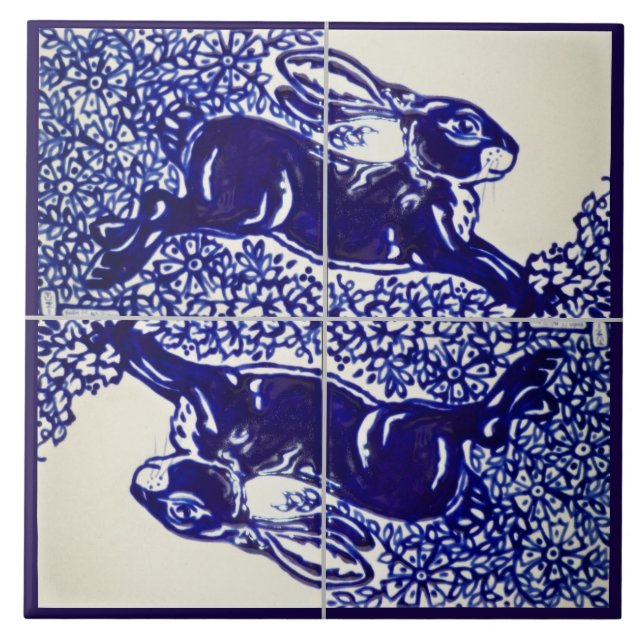 Rabbit Bunny Floral Navy Blue Drawing Elegant Tile (Front)