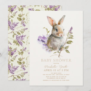 Rabbit Bunny Purple Lilac Floral Baby Shower Invitation