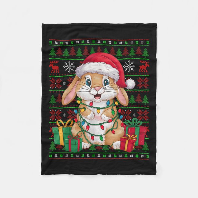 Rabbit Bunny Xmas Lights Ugly Santa Hat Bunny Chri Fleece Blanket (Front)