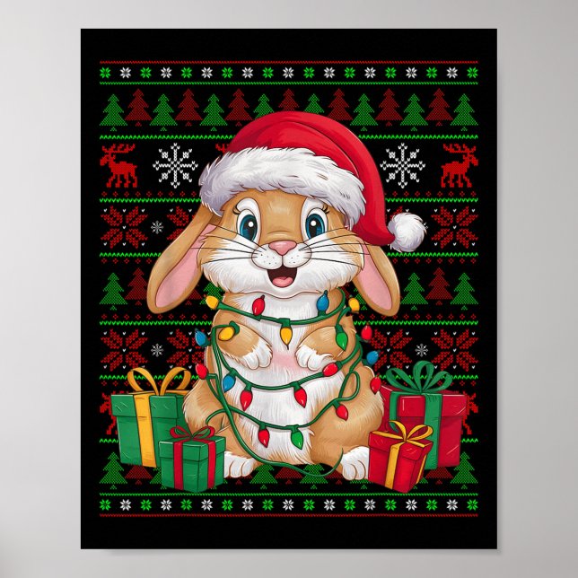 Rabbit Bunny Xmas Lights Ugly Santa Hat Bunny Chri Poster (Front)