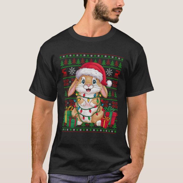 Rabbit Bunny Xmas Lights Ugly Santa Hat Bunny Chri T-Shirt (Front)