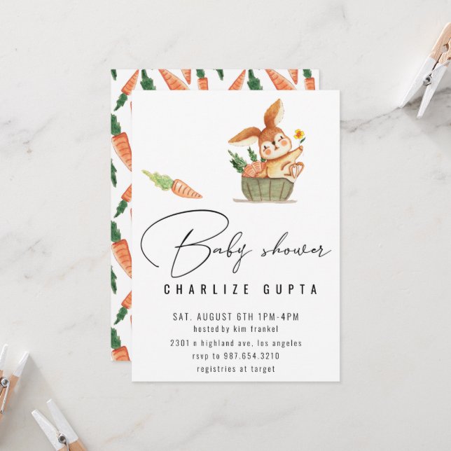 Rabbit carrot flower Baby Shower Invite girl pink (Front/Back In Situ)