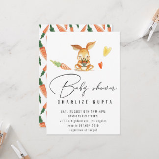 Rabbit carrot heart  Baby Shower Invite girl pink